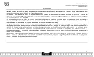 SECRETARÍA DE DOCENCIA
                                                                                                                       DIRECCIÓN DE ESTUDIOS DE NIVEL MEDIO SUPERIOR
                                                                                                                                                  EXPRESIÓN DEL ARTE

                                                                          PRESENTACIÓN


La nueva época de la información reclama estudiantes con dominios básicos de conocimientos pero también, con actitudes y valores que propicien la mejor
convivencia, manteniendo además el interés por el aprendizaje continuo.
En respuesta a esta necesidad de acercar los mejores elementos para fortalecer el perfil de egreso de nuestros estudiantes, la adecuación al currículo del
bachillerato universitario 2009, permite no solo recibir una formación propedéutica, sino un desarrollo integral de la persona, por lo que atiende todos los aspectos
del conocimiento humano entre ellos el Arte.
Por ello presentamos, dentro del marco de la RIEMS el programa de Expresión del Arte desde el enfoque basado en competencias. Como bien plantea el
programa, las manifestaciones artísticas han sido y siguen siendo, un medio de comunicación con el que se puede manifestar sentimientos, emociones e ideas
materializados en una obra plástica, que transmite al espectador por medio de recursos técnicos del arte.
La importancia de la asignatura de Expresión del Arte, se plantea a partir de la concepción de la plástica como un lenguaje, mediante el cual el alumno puede
desarrollar su capacidad de expresión creativa, vinculando los conocimientos adquiridos en el programa de Apreciación del Arte, para ponerlos en práctica con la
aplicación de diversas técnicas tanto tradicionales como alternativas para comunicar sus ideas. Donde conocerá en qué consisten y las habilidades que se
requieren en el uso de los materiales, herramientas y procedimientos de cada uno de los principales géneros de las artes plásticas, para sentar las bases para sus
estudios profesionales y en la resolución de problemas cotidianos en los que de soluciones con un carácter constructivo, teniendo la posibilidad de transformar el
espacio cultural donde habita.
La enseñanza y el aprendizaje artísticos, al igual que las ciencias, resultan esenciales para la comprensión educada del mundo en el que vivimos, ya que, con el
tiempo el arte se ha vuelto más diverso y ha crecido la necesidad de preservar, estudiar, interpretar y juzgar las producciones artísticas de hoy y el pasado,
conocer y entender el arte es conocernos a nosotros mismos.




                                                                                                                                                                  6
 