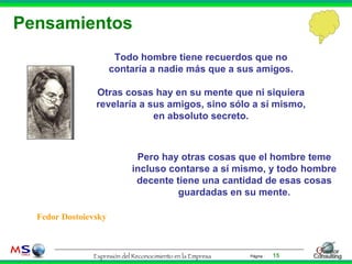 Pensamientos Todo hombre tiene recuerdos que no contaría a nadie más que a sus amigos. Otras cosas hay en su mente que ni siquiera revelaría a sus amigos, sino sólo a sí mismo, en absoluto secreto. Fedor Dostoievsky Pero hay otras cosas que el hombre teme incluso contarse a sí mismo, y todo hombre decente tiene una cantidad de esas cosas guardadas en su mente. 