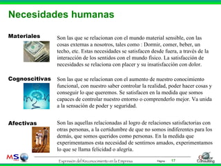 Necesidades humanas Materiales Cognoscitivas Afectivas Son las que se relacionan con el mundo material sensible, con las cosas externas a nosotros, tales como : Dormir, comer, beber, un techo, etc. Estas necesidades se satisfacen desde fuera, a través de la interacción de los sentidos con el mundo físico. La satisfacción de necesidades se relaciona con placer y su insatisfacción con dolor. Son las que se relacionan con el aumento de nuestro conocimiento funcional, con nuestro saber controlar la realidad, poder hacer cosas y conseguir lo que queremos. Se satisfacen en la medida que somos capaces de controlar nuestro entorno o comprenderlo mejor. Va unida a la sensación de poder y seguridad. Son las aquellas relacionadas al logro de relaciones satisfactorias con otras personas, a la certidumbre de que no somos indiferentes para los demás, que somos queridos como personas. En la medida que experimentamos esta necesidad de sentirnos amados, experimentamos lo que se llama felicidad o alegría. 