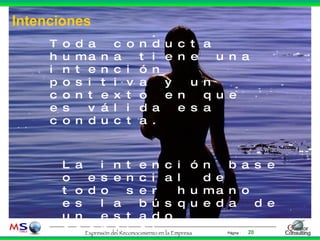 Intenciones Toda conducta humana tiene una intención positiva y un contexto en que es válida esa conducta. La intención base o esencial de todo ser humano es la búsqueda de un estado esencial 
