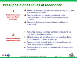 Presuposiciones útiles al reconocer Tenemos en nuestras manos lo que somos y en lo que nos podemos convertir Somos perfectos en nuestro camino de auto- descubrimiento y en el sentido de mejoramiento continuo. Podemos definir nuestro propio entorno lógico y emocional El ser humano no es un producto terminado El ser humano es interdependiente Tenemos una dependencia con los demás. Esta es una dependencia emergente. El ser humano se completa en el ser colectivo, tanto en lo cotidiano como en lo afectivo Podemos lograr la realización en integración con el resto de la especie y especies Cada ser humano impacta directa o indirectamente en los demás 