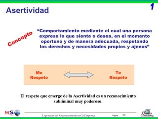 Asertividad “ Comportamiento mediante el cual una persona expresa lo que siente o desea, en el momento oportuno y de manera adecuada, respetando los derechos y necesidades propios y ajenos” Me Respeto Te Respeto 1 Concepto El respeto que emerge de la Asertividad es un reconocimiento subliminal muy poderoso. 