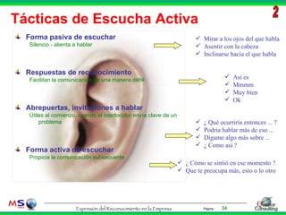 Tácticas de Escucha Activa ¿ Qué ocurriría entonces ... ? Podría hablar más de eso ... Dígame algo más sobre ... ¿ Como asi ? Mirar a los ojos del que habla Asentir con la cabeza Inclinarse hacia el que habla Así es Mmmm Muy bien Ok ¿ Cómo se sintió en ese momento ? Que te preocupa más, esto o lo otro 2 Forma pasiva de escuchar Silencio - alienta a hablar Respuestas de reconocimiento Facilitan la comunicación de una manera débil Abrepuertas, invitaciones a hablar Útiles al comienzo, cuando el interlocutor envía clave de un problema Forma activa de escuchar Propicia la comunicación subsecuente 