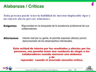Alabanzas / Críticas 4 Toda persona puede tener la habilidad de mostrar implacable rigor y un sincero afecto por sus relaciones. Exigentes Rigurosidad en la búsqueda de la excelencia profesional de sus colaboradores. Interés real por su gente, le permite expresar afectos (amor) desconectado de los desempeños individuales. Afectuosos Esta actitud de interés por los resultados y afectos por las personas, nos permite tener una conducta de elogio a los colaboradores cuando merecen una alabanza y de reprender  cuando el asociado necesita crítica. 