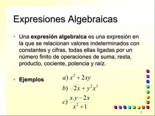 Expresiones Algebraicas
• Una expresión algebraica es una expresión en
  la que se relacionan valores indeterminados con
  constantes y cifras, todas ellas ligadas por un
  número finito de operaciones de suma, resta,
  producto, cociente, potencia y raíz.

• Ejemplos         a ) x 2 2 xy
                   b) 2 x y 2 x 3
                     x. y 2 x
                   c) 2
                      x 1
                                                    1
 