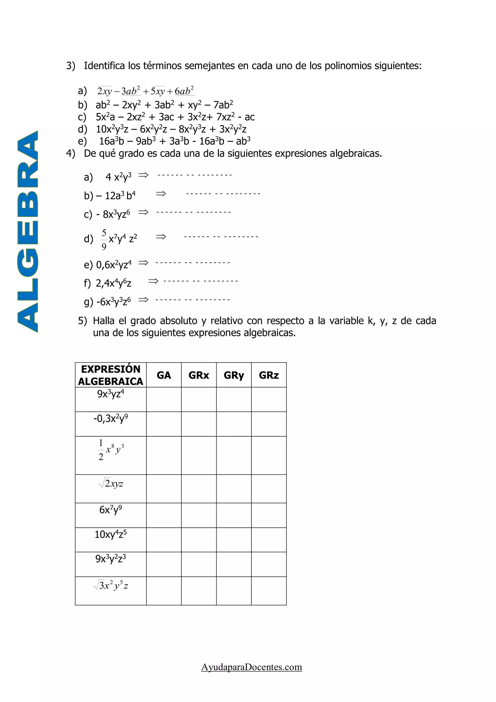 Ejercicios De Expresiones Algebraicas Para Primero De Secundaria