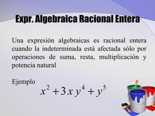 Expr. Algebraica Racional Entera

Una expresión algebraicas es racional entera
cuando la indeterminada está afectada sólo por
operaciones de suma, resta, multiplicación y
potencia natural

Ejemplo
          x +3x y + y
           2           4       5
 