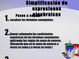 Simplificación de
                  expresiones
                   algebraicas
1.
         Pasos a seguir:
     Localizar los términos semejantes.



2.   Sumar solamente los coeficientes
     numéricos de los términos semejantes
     aplicando las reglas de suma de enteros.
     (Recuerda que en la suma de enteros a
     veces se suma y a veces se resta.)
 