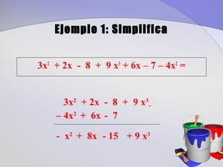 Ejemplo 1: Simplifica


3x2 + 2x - 8 + 9 x3 + 6x – 7 – 4x2 =


      3x2 + 2x - 8 + 9 x3
    – 4x2 + 6x - 7

    - x2 + 8x - 15 + 9 x3
 