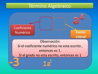 Término Algebraico


Coeficiente
 Numérico                                Factor
                                         Literal
                  Observación:
  Si el coeficiente numérico no esta escrito ,
                 entonces es 1.
   Si el grado no esta escrito, entonces es 1
 