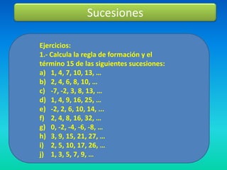 Sucesiones

Ejercicios:
1.- Calcula la regla de formación y el
término 15 de las siguientes sucesiones:
a) 1, 4, 7, 10, 13, …
b) 2, 4, 6, 8, 10, …
c) -7, -2, 3, 8, 13, …
d) 1, 4, 9, 16, 25, …
e) -2, 2, 6, 10, 14, ...
f) 2, 4, 8, 16, 32, …
g) 0, -2, -4, -6, -8, …
h) 3, 9, 15, 21, 27, …
i) 2, 5, 10, 17, 26, …
j) 1, 3, 5, 7, 9, …
 