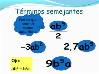 Términos semejantes
5
3ab−
5
ab
2
Son los que
tienen el
mismo
factor literal
5
2 7ab,
5
9b a
Ojo:
ab5
= b5
a
 