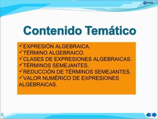 Inicio
EXPRESIÓN ALGEBRAICA.
TÉRMINO ALGEBRAICO.
CLASES DE EXPRESIONES ALGEBRAICAS.
TÉRMINOS SEMEJANTES.
REDUCCIÓN DE TÉRMINOS SEMEJANTES.
VALOR NUMÉRICO DE EXPRESIONES
ALGEBRAICAS.
 