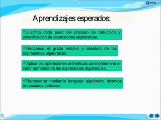 Inicio
Aprendizajesesperados:
Justifica cada paso del proceso de reducción y
simplificación de expresiones algebraicas.
Aplica las operaciones aritméticas para determina el
valor numérico de las expresiones algebraicas.
Representa mediante lenguaje algebraico diversos
enunciados verbales.
Reconoce el grado relativo y absoluto de las
expresiones algebraicas.
 