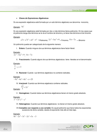  


Clases de Expresiones Algebraicas

Si una expresión algebraica está formada por un solo término algebraico se denomina monomio.
3
Ejemplo: 5a

Si una expresión algebraica está formada por dos o más términos llama polinomio. En los casos que
el polinomio tenga dos términos se le da el nombre de binomio y si tiene tres términos el de trinomio.
Ejemplo:
4
2
a 3 b  a 2 b 2  ab 3  b 4  Polinomio; 2 y  3 xy  9 →Trinomio; 11x  7 y → Binomio

Un polinomio puede ser categorizado de la siguiente manera:
I.

Entero: Cuando ninguno de sus términos algebraicos tiene factor literal.

Ejemplo:

2 y 4  3 xy 2  9 , 11x  7 y
II. Fraccionario: Cuando alguno de sus términos algebraicos tiene literales en el denominador.
Ejemplo:

x
 y3
a
III. Racional: Cuando sus términos algebraico no contiene radicales.
Ejemplo:

 9 x8  6 x 3  8 x 2  x  25
IV. Irracional: Cuando sus términos algebraico contiene radicales.

x
 2x3
Ejemplo: 3
V. Homogéneo: Cuando todos sus términos algebraicos tienen el mismo grado absoluto.
Ejemplo:

x 4  2x 2 y 2  y 4
VI. Heterogéneo: Cuando sus términos algebraicos no tienen el mismo grado absoluto.
VII. Completo con respecto a una variable: Es aquel polinomio que tiene todos los exponentes
sucesivos de dicha variable, desde el exponente más alto al más bajo.
Ejemplo:

8 x5  2 x 4  3x3  2 x 2  3x  3
[Escribir texto] 
 

 