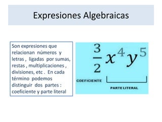 Expresiones Algebraicas
Son expresiones que
relacionan números y
letras , ligadas por sumas,
restas , multiplicaciones ,
divisiones, etc . En cada
término podemos
distinguir dos partes :
coeficiente y parte literal
 