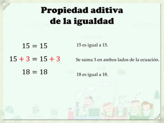 Propiedad aditiva
de la igualdad
15 = 15
15 + 3 = 15 + 3
18 = 18
15 es igual a 15.
Se suma 3 en ambos lados de la ecuación.
18 es igual a 18.
 