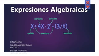Expresiones Algebraicas
INTEGRANTES:
FIGUEROA AZUAJE RAFAEL
ANTONIO
BARRIENTOS VERDE
ALFONSO DE JESÚS
 