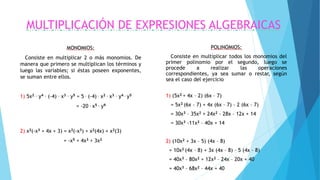 MULTIPLICACIÓN DE EXPRESIONES ALGEBRAICAS
MONOMIOS:
Consiste en multiplicar 2 o más monomios. De
manera que primero se multiplican los términos y
luego las variables; si éstas poseen exponentes,
se suman entre ellos.
1) 5x2 . y4 . (-4) . x3 . y5 = 5 . (-4) . x2 . x3 . y4 . y5
= -20 . x5 . y9
2) x2(-x3 + 4x + 3) = x2(-x3) + x2(4x) + x2(3)
= -x5 + 4x3 + 3x2
POLINOMIOS:
Consiste en multiplicar todos los monomios del
primer polinomio por el segundo, luego se
procede a realizar las operaciones
correspondientes, ya sea sumar o restar, según
sea el caso del ejercicio
1) (5x2 + 4x – 2) (6x – 7)
= 5x2 (6x – 7) + 4x (6x – 7) – 2 (6x – 7)
= 30x3 – 35x2 + 24x2 – 28x – 12x + 14
= 30x3 -11x2 – 40x + 14
2) (10x2 + 3x – 5) (4x – 8)
= 10x2 (4x – 8) + 3x (4x – 8) – 5 (4x – 8)
= 40x3 – 80x2 + 12x2 – 24x – 20x + 40
= 40x3 – 68x2 – 44x + 40
 