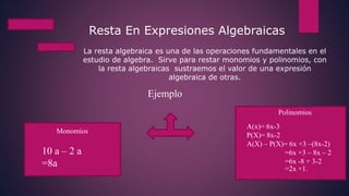 Resta En Expresiones Algebraicas
La resta algebraica es una de las operaciones fundamentales en el
estudio de algebra. Sirve para restar monomios y polinomios, con
la resta algebraicas sustraemos el valor de una expresión
algebraica de otras.
Ejemplo
Monomios
Polinomios
10 a – 2 a
=8a
A(x)= 6x-3
P(X)= 8x-2
A(X) – P(X)= 6x +3 –(8x-2)
=6x +3 – 8x – 2
=6x -8 + 3-2
=2x +1.
 