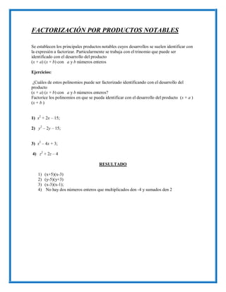 FACTORIZACIÓN POR PRODUCTOS NOTABLES
Se establecen los principales productos notables cuyos desarrollos se suelen identificar con
la expresión a factorizar. Particularmente se trabaja con el trinomio que puede ser
identificado con el desarrollo del producto
(x + a) (x + b) con a y b números enteros
Ejercicios:
¿Cuáles de estos polinomios puede ser factorizado identificando con el desarrollo del
producto
(x + a) (x + b) con a y b números enteros?
Factorice los polinomios en que se pueda identificar con el desarrollo del producto (x + a )
(x + b )
1) x2
+ 2x – 15;
2) y2
– 2y – 15;
3) x2
– 4x + 3;
4) z2
+ 2z – 4
RESULTADO
1) (x+5)(x-3)
2) (y-5)(y+3)
3) (x-3)(x-1);
4) No hay dos números enteros que multiplicados den -4 y sumados den 2
 