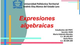 Expresiones
algebraicas
Estudiantes del PNFC
Sección: 0104
María Gabriela Morales
C.I: 30.105.027
Karla Pérez
C.I: 30.509.184
Universidad Politécnica Territorial
Andrés Eloy Blanco del Estado Lara
 