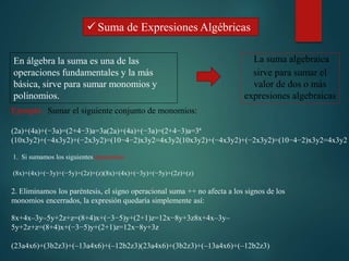  Suma de Expresiones Algébricas
En álgebra la suma es una de las
operaciones fundamentales y la más
básica, sirve para sumar monomios y
polinomios.
La suma algebraica
sirve para sumar el
valor de dos o más
expresiones algebraicas
Ejemplo : Sumar el siguiente conjunto de monomios:
(2a)+(4a)+(−3a)=(2+4−3)a=3a(2a)+(4a)+(−3a)=(2+4−3)a=3ª
(10x3y2)+(−4x3y2)+(−2x3y2)=(10−4−2)x3y2=4x3y2(10x3y2)+(−4x3y2)+(−2x3y2)=(10−4−2)x3y2=4x3y2
1. Si sumamos los siguientes monomios:
(8x)+(4x)+(−3y)+(−5y)+(2z)+(z)(8x)+(4x)+(−3y)+(−5y)+(2z)+(z)
2. Eliminamos los paréntesis, el signo operacional suma ++ no afecta a los signos de los
monomios encerrados, la expresión quedaría simplemente así:
8x+4x–3y–5y+2z+z=(8+4)x+(−3−5)y+(2+1)z=12x−8y+3z8x+4x–3y–
5y+2z+z=(8+4)x+(−3−5)y+(2+1)z=12x−8y+3z
(23a4x6)+(3b2z3)+(–13a4x6)+(–12b2z3)(23a4x6)+(3b2z3)+(–13a4x6)+(–12b2z3)
 