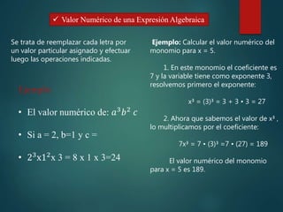  Valor Numérico de una Expresión Algebraica
Se trata de reemplazar cada letra por
un valor particular asignado y efectuar
luego las operaciones indicadas.
Ejemplo:
• El valor numérico de: 𝑎3
𝑏2
𝑐
• Si a = 2, b=1 y c =
• 23x12x 3 = 8 x 1 x 3=24
Ejemplo: Calcular el valor numérico del
monomio para x = 5.
1. En este monomio el coeficiente es
7 y la variable tiene como exponente 3,
resolvemos primero el exponente:
x³ = (3)³ = 3 + 3 • 3 = 27
2. Ahora que sabemos el valor de x³ ,
lo multiplicamos por el coeficiente:
7x³ = 7 • (3)³ =7 • (27) = 189
El valor numérico del monomio
para x = 5 es 189.
 
