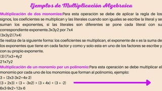 Ejemplos de Multiplicación Algebraica
Multiplicación de dos monomios:Para esta operación se debe de aplicar la regla de los
signos, los coeficientes se multiplican y las literales cuando son iguales se escribe la literal y se
suman los exponentes, si las literales son diferentes se pone cada literal con su
correspondiente exponente.3x3y2 por 7x4
(3x3y2)(7x4)
Se realiza de la siguiente forma: los coeficientes se multiplican, el exponente de x es la suma de
los exponentes que tiene en cada factor y como y solo esta en uno de los factores se escribe y
con su propio exponente.
(3)(7)x3+4y2
21x7y2
Multiplicación de un monomio por un polinomio:Para esta operación se debe multiplicar el
monomio por cada uno de los monomios que forman al polinomio, ejemplo:
3 * (2x3-3x2+4x-2)
(3 * 2x3) + (3 * -3x2) + (3 * 4x) + (3 * -2)
6x3-9x2+12x-6
 