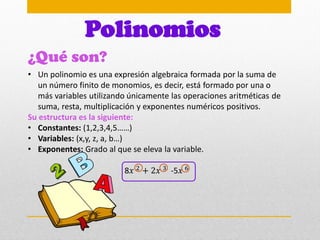 ¿Qué son?
Polinomios
• Un polinomio es una expresión algebraica formada por la suma de
un número finito de monomios, es decir, está formado por una o
más variables utilizando únicamente las operaciones aritméticas de
suma, resta, multiplicación y exponentes numéricos positivos.
Su estructura es la siguiente:
• Constantes: (1,2,3,4,5……)
• Variables: (x,y, z, a, b…)
• Exponentes: Grado al que se eleva la variable.
8𝑥 2 + 2𝑥 3 -5𝑥 6
 