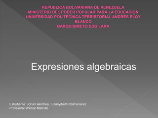 Expresiones algebraicas
Estudiante: Johan sandrea , Elianyibeth Colmenarez
Profesora: Wilmar Marrufo
 