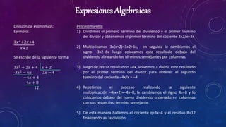 Expresiones Algebraicas
División de Polinomios:
Ejemplo:
3𝑥2+2𝑥+4
𝑥+2
Se escribe de la siguiente forma
3𝑥2
+ 2𝑥 + 4 𝑥 + 2
...