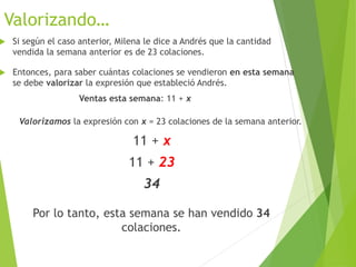 Valorizando…
 Si según el caso anterior, Milena le dice a Andrés que la cantidad
vendida la semana anterior es de 23 colaciones.
 Entonces, para saber cuántas colaciones se vendieron en esta semana
se debe valorizar la expresión que estableció Andrés.
Ventas esta semana: 11 + x
Valorizamos la expresión con x = 23 colaciones de la semana anterior.
11 + x
11 + 23
34
Por lo tanto, esta semana se han vendido 34
colaciones.
 
