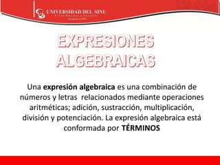 Una expresión algebraica es una combinación de
números y letras relacionados mediante operaciones
aritméticas; adición, sustracción, multiplicación,
división y potenciación. La expresión algebraica está
conformada por TÉRMINOS
 