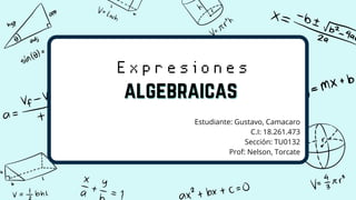 algebraicas
algebraicas
E x p r e s i o n e s
Estudiante: Gustavo, Camacaro
C.I: 18.261.473
Sección: TU0132
Prof: Nelson, Torcate
 