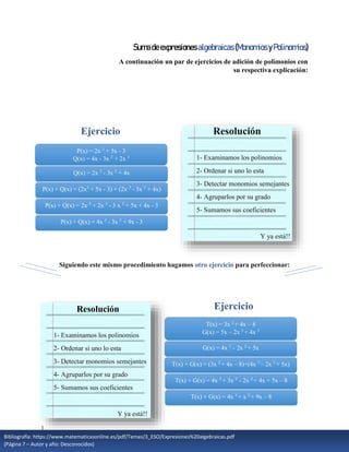 |
Sumadeexpresiones algebraicas(Monomios yPolinomios)
A continuación un par de ejercicios de adición de polimonios con
su respectiva explicación:
Ejercicio Resolución
Siguiendo este mismo procedimiento hagamos otro ejercicio para perfeccionar:
Ejercicio
P(x) = 2x 3
+ 5x - 3
Q(x) = 4x - 3x 2
+ 2x 3
Q(x) = 2x 3
- 3x 2
+ 4x
P(x) + Q(x) = (2x3
+ 5x - 3) + (2x 3
- 3x 2
+ 4x)
P(x) + Q(x) = 2x 3
+ 2x 3
- 3 x 2
+ 5x + 4x - 3
P(x) + Q(x) = 4x 3
- 3x 2
+ 9x - 3
1- Examinamos los polinomios
2- Ordenar si uno lo esta
3- Detectar monomios semejantes
4- Agruparlos por su grado
5- Sumamos sus coeficientes
Y ya está!!
T(x) = 3x 2
+ 4x – 8
G(x) = 5x – 2x 2
+ 4x 3
G(x) = 4x 3
– 2x 2
+ 5x
T(x) + G(x) = (3x 2
+ 4x – 8)+(4x 3
– 2x 2
+ 5x)
T(x) + G(x) = 4x 3
+ 3x 2
- 2x 2
+ 4x + 5x – 8
T(x) + G(x) = 4x 3
+ x 2
+ 9x – 8
1- Examinamos los polinomios
2- Ordenar si uno lo esta
3- Detectar monomios semejantes
4- Agruparlos por su grado
5- Sumamos sus coeficientes
Y ya está!!
Resolución
Bibliografía: https://www.matematicasonline.es/pdf/Temas/3_ESO/Expresiones%20algebraicas.pdf
(Página 7 – Autor y año: Desconocidos)
 