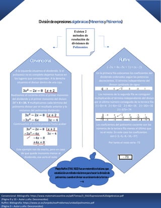 |
Divisióndeexpresiones algebraicas (MonomiosyPolinomios)
Convencional Ruffini
A la izquierda situamos el dividendo. Si el
polinomio no es completo dejamos huecos en
los lugares que correspondan. A la derecha
situamos el divisor dentro de una caja.
Realizamos el cociente entre el primer monomio
del dividendo y el primer monomio del divisor.
3X2
÷ X = 3X. Y multiplicamos cada término del
polinomio divisor por el resultado anterior y lo
restamos del polinomio dividendo:
Continuamos el mismo proceso hasta acabar
Este ejemplo nos da exacto, pero en caso
de que quede monomio menor al
dividendo, ese sería el resto
Existen 2
métodos de
resolución de
divisiones de
Polinomios
( -3x + 4x -5x + 1) ÷ (x - 2)
En la primera fila colocamos los coeficientes del
dividendo ordenados según las potencias
decrecientes. El término independiente del
divisor cambiado de signo
Los números de la segunda fila se consiguen
multiplicando el término independiente del divisor
por el último número conseguido de la tercera fila:
2·(−3)=−6 2·(−6)=−12 2·(−8)=−16 2·(−16)=−32
2·(−37)=−74
Los coeficientes del polinomio cociente son los
números de la tercera fila menos el último que
es el resto. En este caso los coeficientes
son:(−3,−6,−8,−16,−37)
Por tanto el resto sería -73
Convencional: Bibliografía: https://www.matematicasonline.es/pdf/Temas/3_ESO/Expresiones%20algebraicas.pdf
(Página 9 y 10 – Autor y año: Desconocidos)
Ruffini: Bibliografía: https://www.uv.es/lonjedo/esoProblemas/unidad2polinomios.pdf
(Página 3 – Autor y año: Desconocidos)
PaoloRuffini(1765,1822)fueunmatemáticoitaliano,que
estableciónunmétodomásbreveparahacerla divisiónde
polinomios,cuandoeldivisoresunbinomiodelaformax
—a.
 