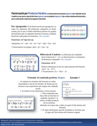 |
Factorizaciónpor ProductosNotables:La factorizacióneselprocesoalgebraico pormediodelcualse
transforma una suma oresta de términos algebraicos enun producto algebraico. Hay muchos metodos defactorización,
peroa continuación resaltaremos algunosimportantes:
Por Agrupación: En la factorización por agrupación, no
todos los elementos del polinomio comparten un factor
común, por lo que se deben identificar primero los grupos
de elementos que si comparten términos comunes y después
factorizar cada grupo de elementos. Otro ejemplo:
Factorizar: m²+mp+mx+px
Agrupamos: m² + mp + mx + px = (m² + mp) + (mx + px)
Y factorizamos los grupos: m(m + p) + x(m + p)
Diferecia de Cuadros: La diferencia de cuadrados
tiene la forma de x² - y2 y su factorización es el producto
de binomios conjugados. Otro Ejemplo:
Factorizar: 4x²-9
Primero obtenemos la raíz de cada elemento del binomio.
√4x2 = 2x √9=3
Y Factorizamos: (2x + 3)(2x – 3)
Trinomio Al cuadrado perfecto. Reglas: Ejemplo 1
1. Se ordenan los términos del trinomio en orden
descendente a una de las literales, de forma que los
extremos sean expresiones que tengan raíz cuadrada
exacta
2. Se obtiene la raíz del primer y tercer termino
3.-Para comprobar que
haya sido un trinomio al
cuadrado "perfecto", se
realiza el doble producto
de los términos
obtenidos en el paso dos y debe ser igual al 2do término del
trinomio.
4.-El signo del binomio que die resultado es el mismo que
el signo del 2do término del trinomio original.
Bibliografía: https://cursoparalaunam.com/productos-notables-y-
factorizacion#:~:text=La%20factorizaci%C3%B3n%20es%20el%20proceso,del%20desarrollo%20de%20productos%20notables.
(Página, Autor y año: Desconocidos)
 