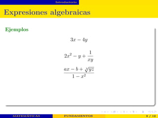Introductorio
Expresiones algebraicas
Ejemplos
3x − 4y
2x2
− y +
1
xy
ax − b + 3
√
yz
1 − x2
MATEMÁTICAS FUNDAMENTOS 3 / 12
 