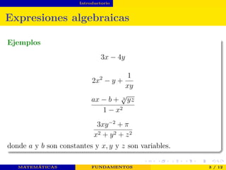 Introductorio
Expresiones algebraicas
Ejemplos
3x − 4y
2x2
− y +
1
xy
ax − b + 3
√
yz
1 − x2
3xy−2
+ π
x2 + y2 + z2
donde a y b son constantes y x, y y z son variables.
MATEMÁTICAS FUNDAMENTOS 3 / 12
 