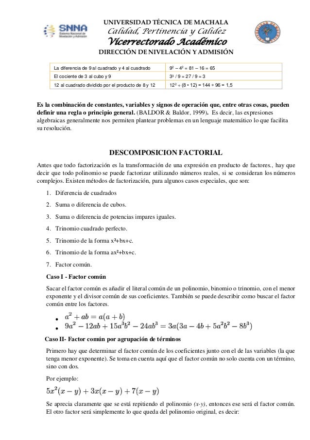 Expresiones Algebraicas Descomposicion Factorial Razon Y Proporcion