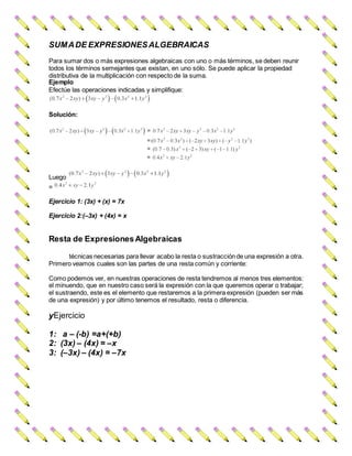 SUMADE EXPRESIONESALGEBRAICAS
Para sumar dos o más expresiones algebraicas con uno o más términos, se deben reunir
todos los términos semejantes que existan, en uno sólo. Se puede aplicar la propiedad
distributiva de la multiplicación con respecto de la suma.
Ejemplo
Efectúe las operaciones indicadas y simplifique:
Solución:
Luego
=
Ejercicio 1: (3x) + (x) = 7x
Ejercicio 2:(–3x) + (4x) = x
Resta de ExpresionesAlgebraicas
técnicas necesarias para llevar acabo la resta o sustracciónde una expresión a otra.
Primero veamos cuales son las partes de una resta común y corriente:
Como podemos ver, en nuestras operaciones de resta tendremos al menos tres elementos:
el minuendo, que en nuestro caso será la expresión con la que queremos operar o trabajar;
el sustraendo, este es el elemento que restaremos a la primera expresión (pueden ser más
de una expresión) y por último tenemos el resultado, resta o diferencia.
yEjercicio
1: a – (-b) =a+(+b)
2: (3x) – (4x) = –x
3: (–3x) – (4x) = –7x
 