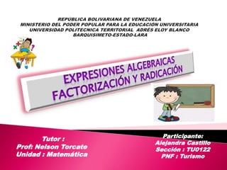 Participante:
Alejandra Castillo
Sección : TU0122
PNF : Turismo
Tutor :
Prof: Nelson Torcate
Unidad : Matemática
 