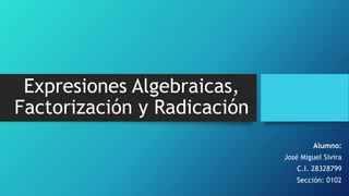 Expresiones Algebraicas,
Factorización y Radicación
Alumno:
José Miguel Sivira
C.I. 28328799
Sección: 0102
 