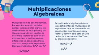 Multiplicaciones
Algebraicas
Multiplicación de dos monomios.
Para está operación se debe
aplicar la regla de los signos, los
coeficientes se multiplican y las
literales cuando son iguales se
escribe la literal y se suman los
exponentes, si las literales son
diferentes se pone cada literal
con su corresponde exponente.
Ejemplo multiplicar 3x y por 7x
(3x y )(7x )
2 4
3
4
2
3 2 4
Se realiza de la siguiente forma:
los coeficientes se multiplican, el
exponente de X es la suma de los
exponentes que tiene en cada
factor y como Y solo está en uno
de los factores se escribe Y con
su propio exponente.
(3)(7)x + y
. 21x y
7
2
3
 