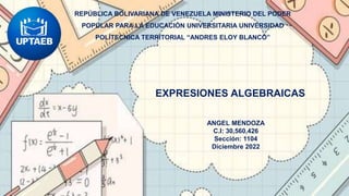 EXPRESIONES ALGEBRAICAS
REPÚBLICA BOLIVARIANA DE VENEZUELA MINISTERIO DEL PODER
POPULAR PARA LA EDUCACIÓN UNIVERSITARIA UNIVERSIDAD
POLÍTECNICA TERRITORIAL “ANDRES ELOY BLANCO”
ANGEL MENDOZA
C.I: 30,560,426
Sección: 1104
Diciembre 2022
 