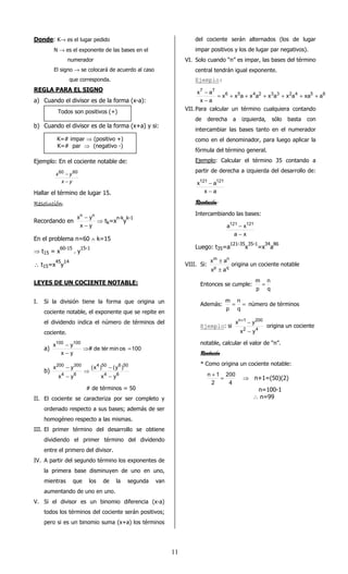 1 1 
Donde: K® es el lugar pedido 
N ® es el exponente de las bases en el 
numerador 
El signo ® se colocará de acuerdo al caso 
que corresponda. 
REGLA PARA EL SIGNO 
a) Cuando el divisor es de la forma (x-a): 
b) Cuando el divisor es de la forma (x+a) y si: 
Ejemplo: En el cociente notable de: 
60 - 60 
x y 
- 
x y 
Hallar el término de lugar 15. 
RRRReeeessssoooolllluuuucccciiiióóóónnnn: 
Recordando en 
xn yn 
- ⇒ tk=xn-kyk-1 
- 
x y 
En el problema n=60 Ù k=15 
⇒ t15 = x60-15 . y15-1 
 t15=x45y14 
LEYES DE UN COCIENTE NOTABLE: 
I. Si la división tiene la forma que origina un 
cociente notable, el exponente que se repite en 
el dividendo indica el número de términos del 
cociente. 
x100 y100 
- 
a) # de términ os 100 
x y 
⇒ = 
- 
b) 
4 50 6 50 
- ⇒ 
(x ) (y ) 
4 6 
200 300 
- 
x y 
4 6 
x y 
x y 
- 
- 
# de términos = 50 
II. El cociente se caracteriza por ser completo y 
ordenado respecto a sus bases; además de ser 
homogéneo respecto a las mismas. 
III. El primer término del desarrollo se obtiene 
dividiendo el primer término del dividendo 
entre el primero del divisor. 
IV. A partir del segundo término los exponentes de 
la primera base disminuyen de uno en uno, 
mientras que los de la segunda van 
aumentando de uno en uno. 
V. Si el divisor es un binomio diferencia (x-a) 
todos los términos del cociente serán positivos; 
pero si es un binomio suma (x+a) los términos 
del cociente serán alternados (los de lugar 
impar positivos y los de lugar par negativos). 
VI. Solo cuando “n” es impar, las bases del término 
central tendrán igual exponente. 
Ejemplo: 
- 
x a = + + + + + + 
6 5 4 2 3 3 2 4 5 6 
7 7 
x x a x a x a x a xa a 
- 
x a 
VII. Para calcular un término cualquiera contando 
de derecha a izquierda, sólo basta con 
intercambiar las bases tanto en el numerador 
como en el denominador, para luego aplicar la 
fórmula del término general. 
Ejemplo: Calcular el término 35 contando a 
partir de derecha a izquierda del desarrollo de: 
x121 a121 
- 
- 
x a 
RRRReeeessssoooolllluuuucccciiiióóóónnnn: 
Intercambiando las bases: 
a121 x121 
- 
- 
a x 
Luego: t35=a121-35x35-1=x34a86 
VIII. Si: 
m n 
x a 
± origina un cociente notable 
x a 
p q 
± 
Entonces se cumple: 
n 
q 
m = 
p 
n 
m 
Además: = = 
q 
p 
número de términos 
Ejemplo: si 
+ - 
n 1 200 
x y 
x y 
2 4 
- 
origina un cociente 
notable, calcular el valor de “n”. 
RRRReeeessssoooolllluuuucccciiiióóóónnnn 
* Como origina un cociente notable: 
n + 1 = 200 
⇒ n+1=(50)(2) 
4 
2 
n=100-1 
 n=99 
Todos son positivos (+) 
K=# impar ⇒ (positivo +) 
K=# par ⇒ (negativo -) 
 