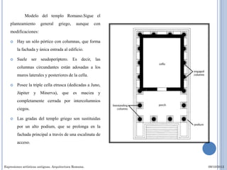 Modelo del templo Romano.Sigue el
    planteamiento       general     griego,    aunque      con
    modificaciones:

       Hay un sólo pórtico con columnas, que forma
        la fachada y única entrada al edificio.

       Suele ser seudoperíptero. Es decir, las
        columnas circundantes están adosadas a los
        muros laterales y posteriores de la cella.

       Posee la triple cella etrusca (dedicadas a Juno,
        Júpiter    y Minerva), que es             maciza    y
        completamente cerrada por intercolumnios
        ciegos.

       Las gradas del templo griego son sustituidas
        por un alto podium, que se prolonga en la
        fachada principal a través de una escalinata de
        acceso.




Expresiones artísticas antiguas. Arquitectura Romana.            09/10/2012
 