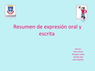 Resumen de expresión oral y
         escrita

                           Alumnos :
                         Peña verónica
                       Rodríguez Libardo
                         Montaña Olga
                        Jaime Stephany
 