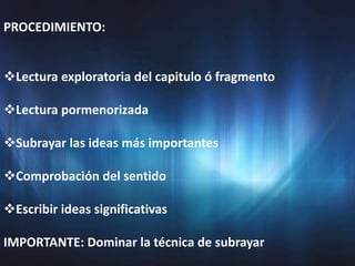 PROCEDIMIENTO:


Lectura exploratoria del capitulo ó fragmento

Lectura pormenorizada

Subrayar las ideas más importantes

Comprobación del sentido

Escribir ideas significativas

IMPORTANTE: Dominar la técnica de subrayar
 